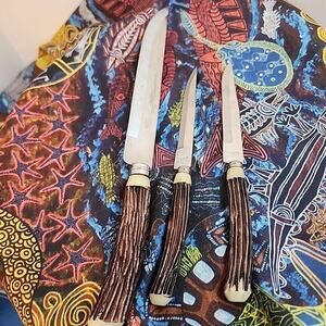 VTG Set of 3 Knives Nevco 2 Steak Knives 1 Carving Knife Japan Faux Stag Horn